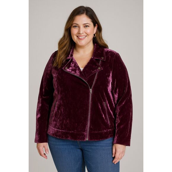 Torrid Purple Crushed Velvet Moto Jacket Zip Front Size 4 Plus Lined Pockets - Picture 1 of 6
